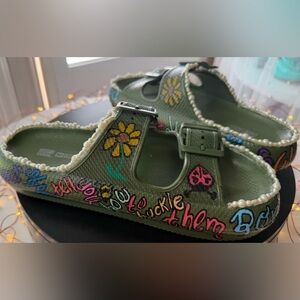 Customized Olive Green Women's Sandals with Colorful Script and Pearls, sz 8